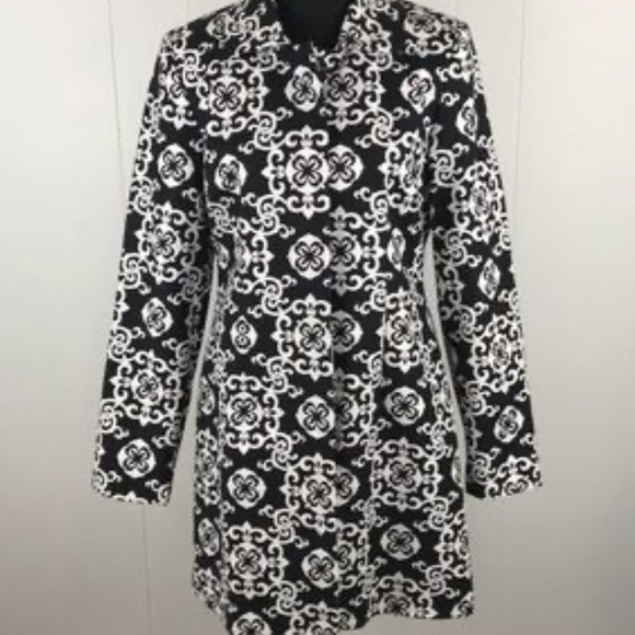 Adrienne Vittadini Midi Trench Coat Black White Button Front - Picture 4 of 17